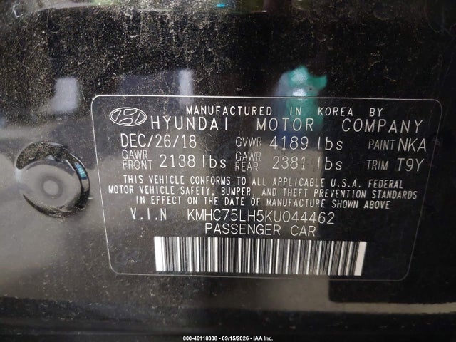 46118338 :رقم المزاد ، KMHC75LH5KU044462 vin ، 2019 Hyundai Ioniq Electric مزاد بيع