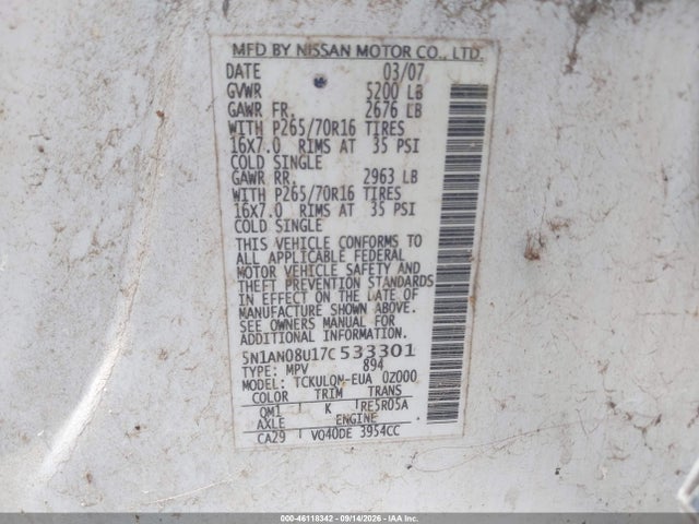 Продаж на аукціоні авто 2007 Nissan Xterra X, vin: 5N1AN08U17C533301, номер лоту: 46118342