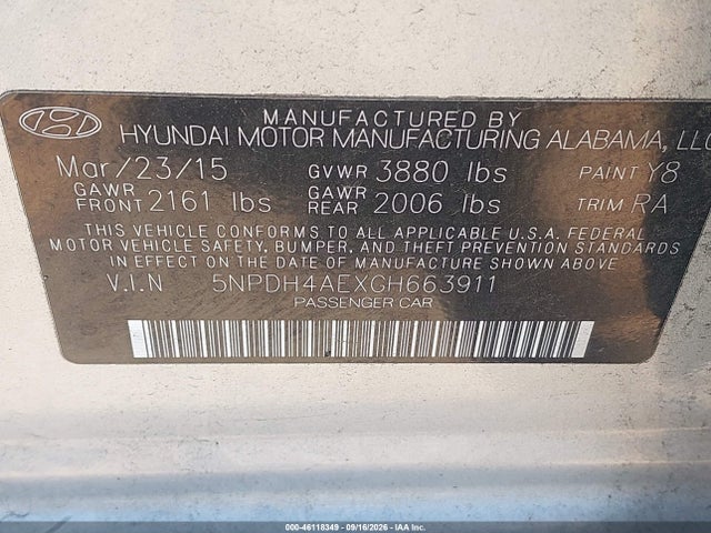 2016 Hyundai Elantra Se მანქანა იყიდება აუქციონზე, vin: 5NPDH4AEXGH663911, აუქციონის ნომერი: 46118349
