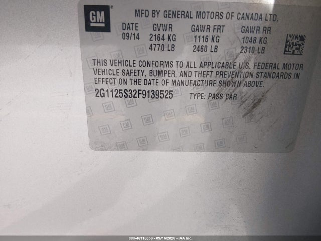 Aukcja sprzedaży 2015 Chevrolet Impala 2lt, vin: 2G1125S32F9139525, numer aukcji: 46118350