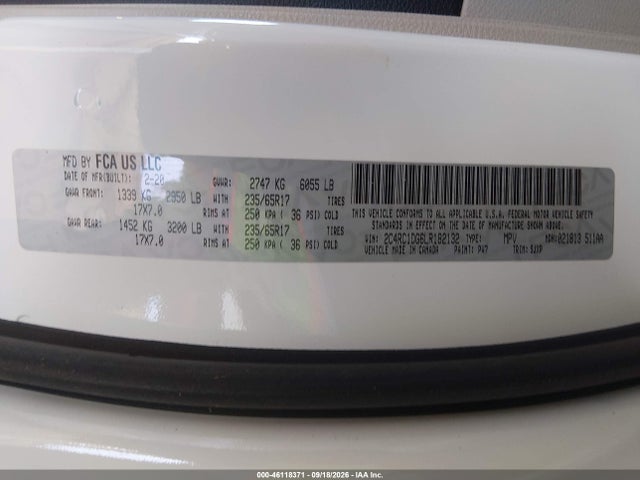 46118371 :رقم المزاد ، 2C4RC1DG6LR182132 vin ، 2020 Chrysler Voyager Lxi مزاد بيع