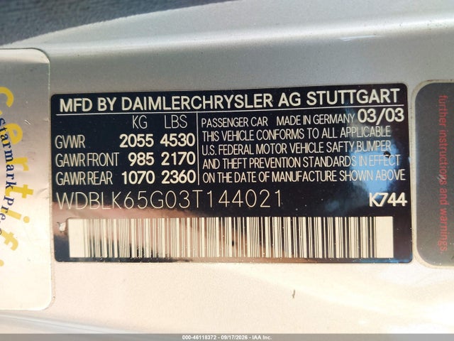 Aukcja sprzedaży 2003 Mercedes-benz Clk 320, vin: WDBLK65G03T144021, numer aukcji: 46118372