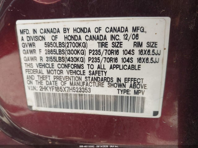 46118382 :رقم المزاد ، 2HKYF185X7H523353 vin ، 2007 Honda Pilot Ex-l مزاد بيع