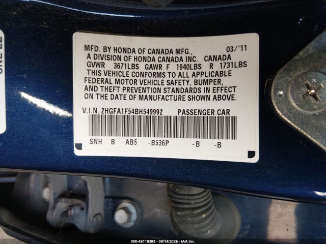 Aukcja sprzedaży 2011 Honda Civic Lx, vin: 2HGFA1F54BH549992, numer aukcji: 46118383