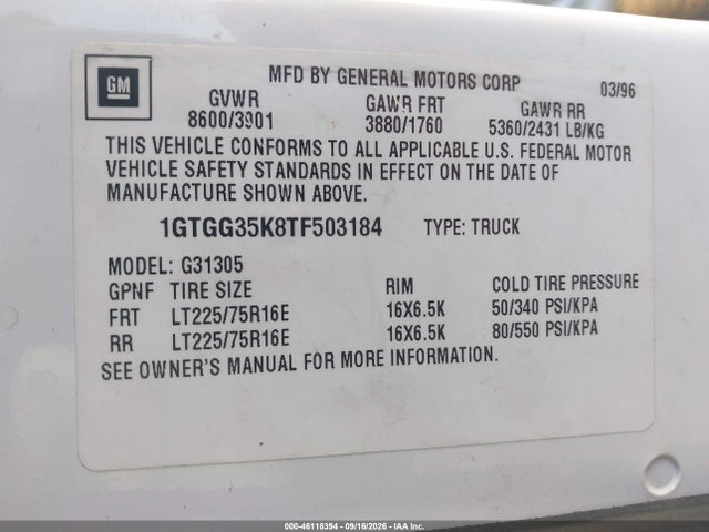 Aukcja sprzedaży 1996 Gmc Vandura G3500, vin: 1GTGG35K8TF503184, numer aukcji: 46118394
