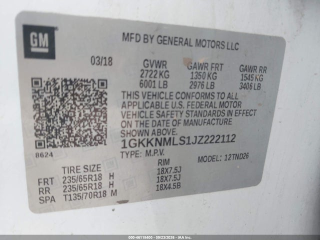 Auction sale of the 2018 Gmc Acadia Slt-1, vin: 1GKKNMLS1JZ222112, lot number: 46118400