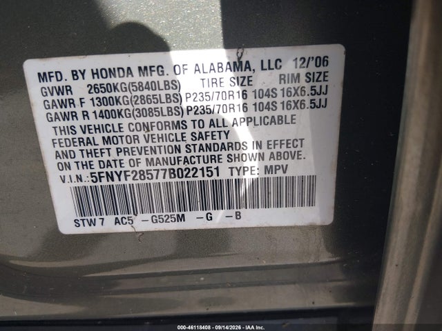 46118408 :رقم المزاد ، 5FNYF28577B022151 vin ، 2007 Honda Pilot Ex-l مزاد بيع