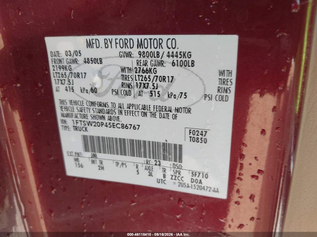 Продаж на аукціоні авто 2005 Ford F-250 Lariat/xl/xlt, vin: 1FTSW20P45EC86767, номер лоту: 46118410