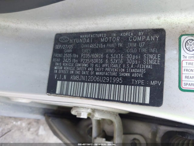 2006 Hyundai Tucson Gls/limited მანქანა იყიდება აუქციონზე, vin: KM8JN12D06U291995, აუქციონის ნომერი: 46118412