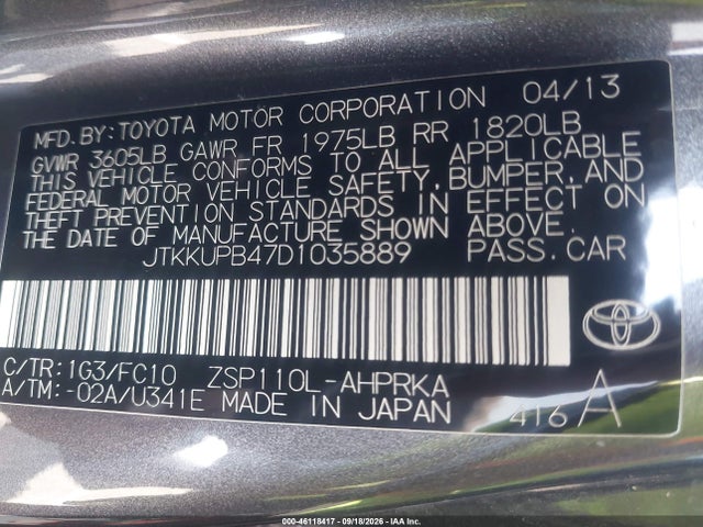 Aukcja sprzedaży 2013 Scion Xd, vin: JTKKUPB47D1035889, numer aukcji: 46118417