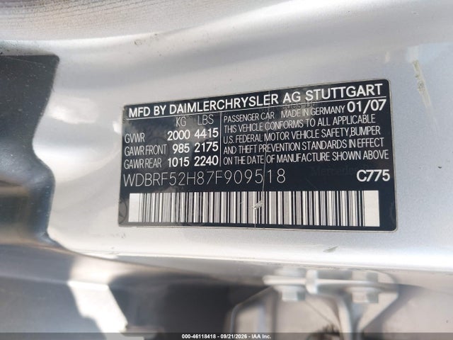 2007 Mercedes-benz C 230 Sport მანქანა იყიდება აუქციონზე, vin: WDBRF52H87F909518, აუქციონის ნომერი: 46118418