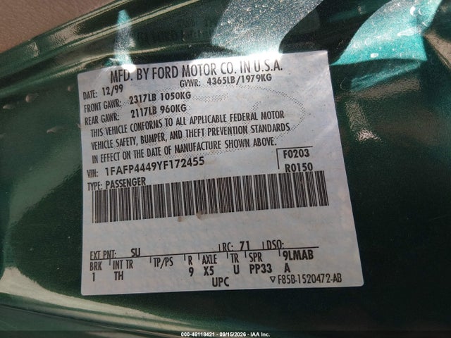 Продаж на аукціоні авто 2000 Ford Mustang, vin: 1FAFP4449YF172455, номер лоту: 46118421
