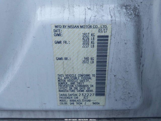 46118430 :رقم المزاد ، 1N4AL3AP1HC232227 vin ، 2017 Nissan Altima 2.5 Sr مزاد بيع