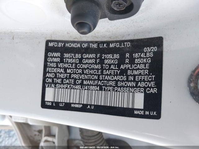 2020 Honda Civic Sport მანქანა იყიდება აუქციონზე, vin: SHHFK7H46LU418894, აუქციონის ნომერი: 46118433