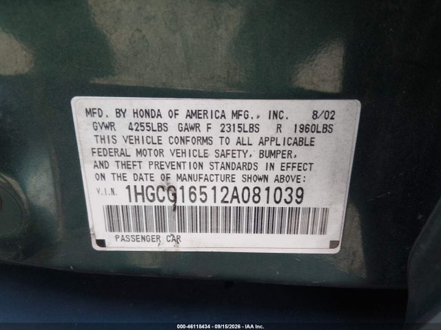 46118434 :رقم المزاد ، 1HGCG16512A081039 vin ، 2002 Honda Accord 3.0 Ex مزاد بيع