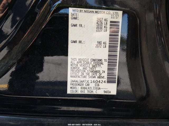 2018 Nissan Altima 2.5 Sl მანქანა იყიდება აუქციონზე, vin: 1N4AL3AP7JC160424, აუქციონის ნომერი: 46118453