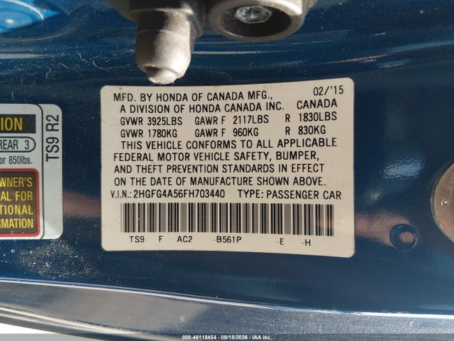 46118454 :رقم المزاد ، 2HGFG4A56FH703440 vin ، 2015 Honda Civic Si مزاد بيع