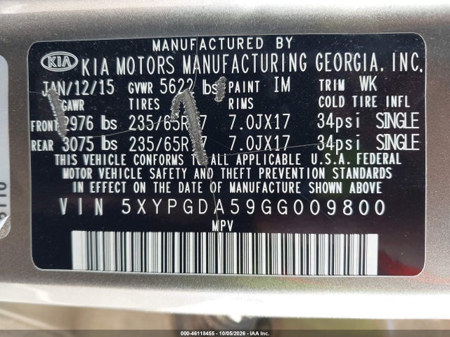 46118455 :رقم المزاد ، 5XYPGDA59GG009800 vin ، 2016 Kia Sorento 3.3l Lx مزاد بيع