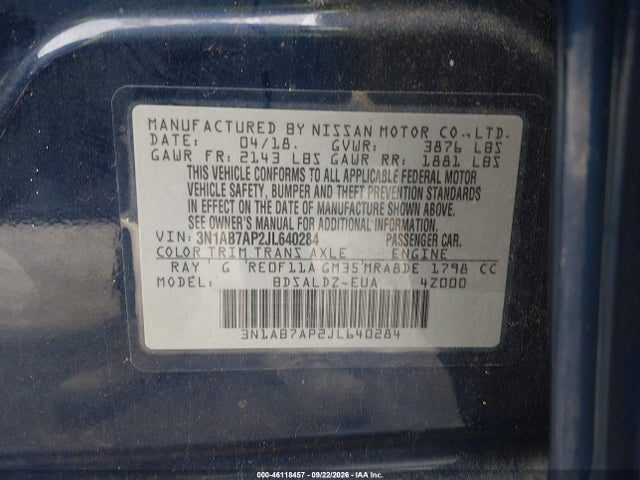 Aukcja sprzedaży 2018 Nissan Sentra Sv, vin: 3N1AB7AP2JL640284, numer aukcji: 46118457