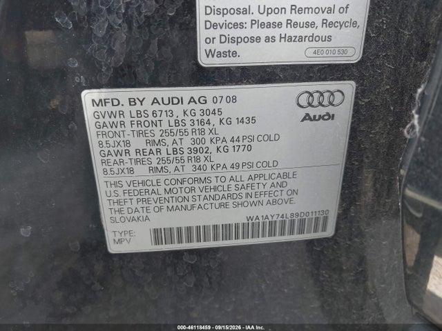 Aukcja sprzedaży 2009 Audi Q7 3.6 5 Passenger/3.6 Premium, vin: WA1AY74L89D011130, numer aukcji: 46118459