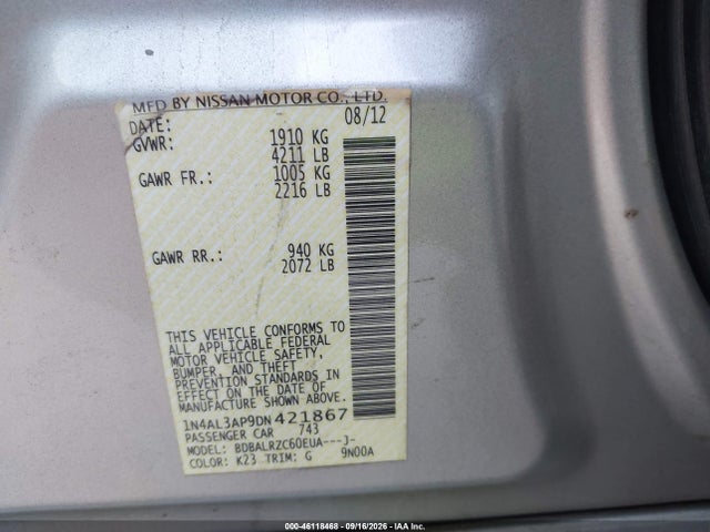 Aukcja sprzedaży 2013 Nissan Altima 2.5 S, vin: 1N4AL3AP9DN421867, numer aukcji: 46118468
