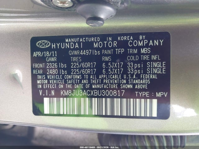 2011 Hyundai Tucson Gls მანქანა იყიდება აუქციონზე, vin: KM8JU3ACXBU300817, აუქციონის ნომერი: 46118469
