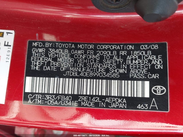 Aukcja sprzedaży 2009 Toyota Corolla Le, vin: JTDBL40E899034585, numer aukcji: 46118471