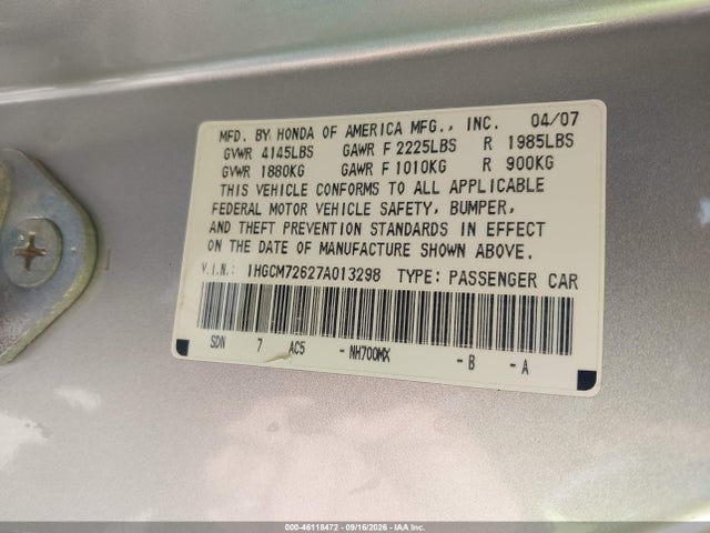 Продаж на аукціоні авто 2007 Honda Accord 2.4 Ex, vin: 1HGCM72627A013298, номер лоту: 46118472