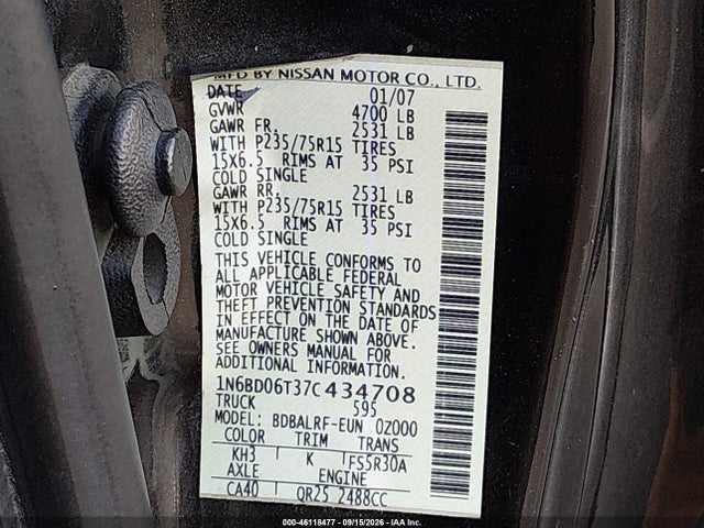 46118477 :رقم المزاد ، 1N6BD06T37C434708 vin ، 2007 Nissan Frontier Xe مزاد بيع