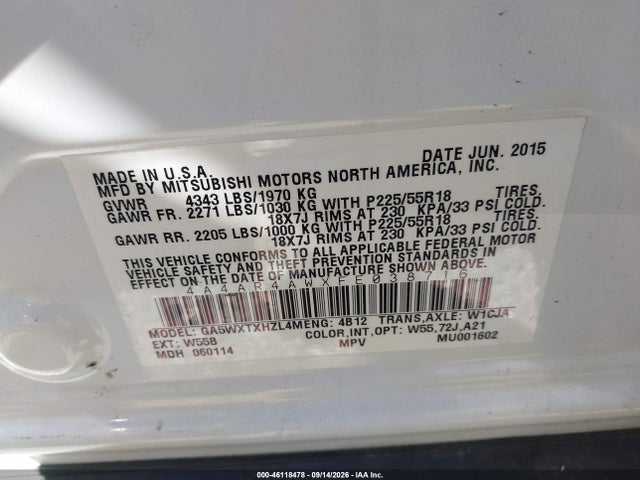 46118478 :رقم المزاد ، 4A4AR4AWXFE038716 vin ، 2015 Mitsubishi Outlander Sport Gt مزاد بيع