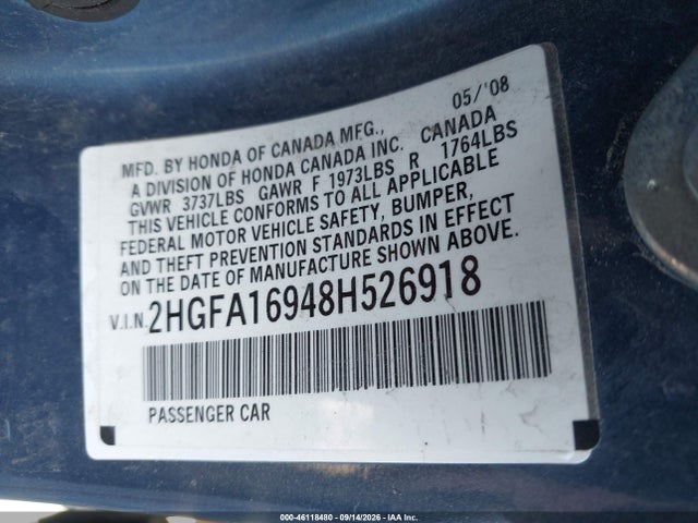 Aukcja sprzedaży 2008 Honda Civic Ex-l, vin: 2HGFA16948H526918, numer aukcji: 46118480