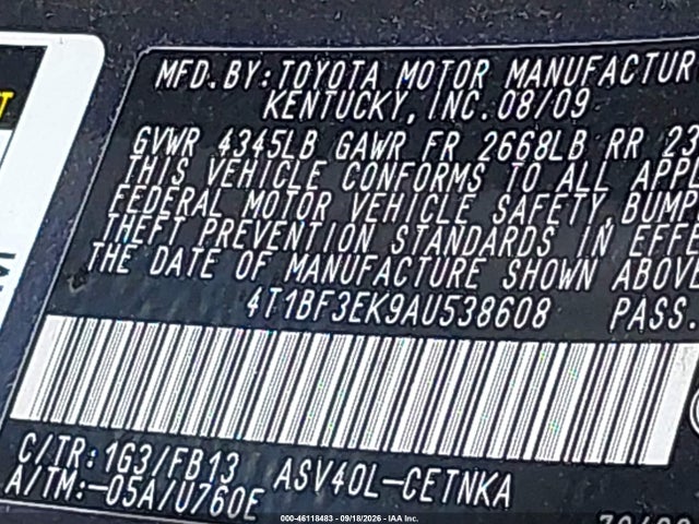 2010 Toyota Camry Le მანქანა იყიდება აუქციონზე, vin: 4T1BF3EK9AU538608, აუქციონის ნომერი: 46118483