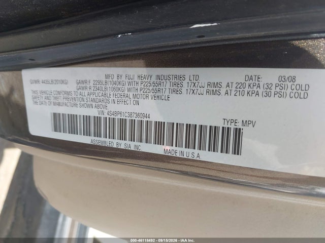 Aukcja sprzedaży 2008 Subaru Outback 2.5i/2.5i L.l. Bean Edition, vin: 4S4BP61C387360944, numer aukcji: 46118492
