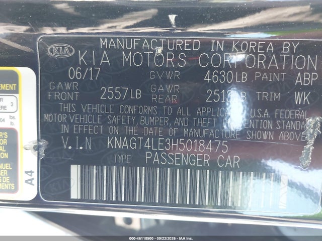 46118500 :رقم المزاد ، KNAGT4LE3H5018475 vin ، 2017 Kia Optima Hybrid مزاد بيع