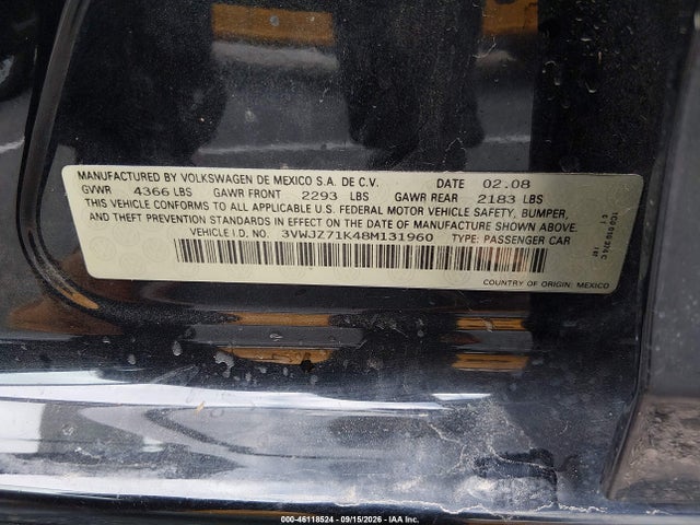 46118524 :رقم المزاد ، 3VWJZ71K48M131960 vin ، 2008 Volkswagen Jetta S مزاد بيع