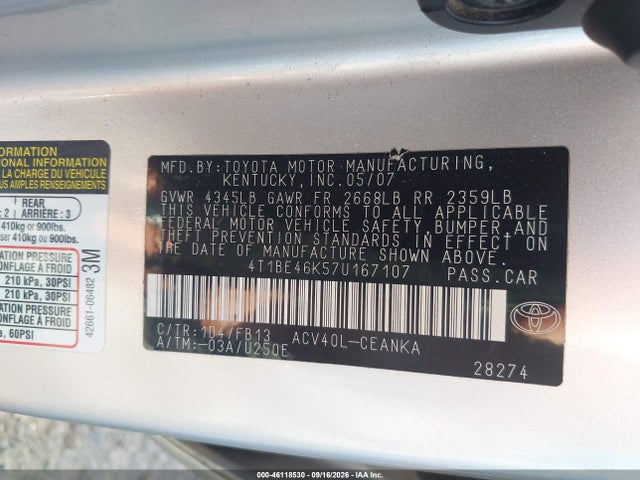 46118530 :رقم المزاد ، 4T1BE46K57U167107 vin ، 2007 Toyota Camry Le مزاد بيع
