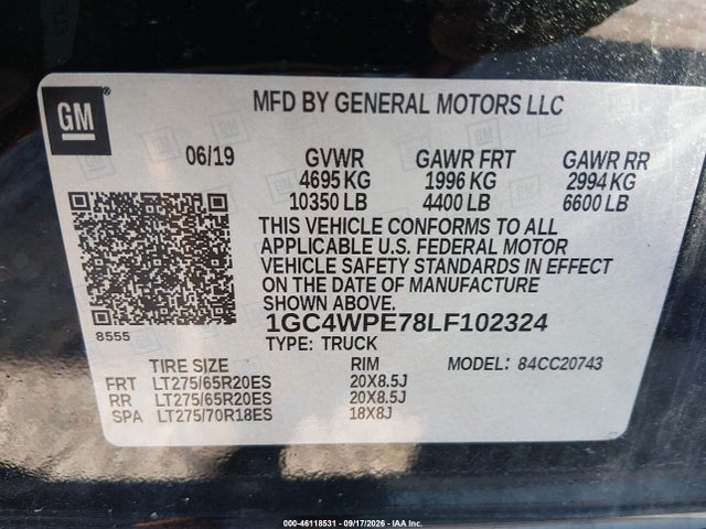 46118531 :رقم المزاد ، 1GC4WPE78LF102324 vin ، 2020 Chevrolet Silverado 2500hd 2wd  Standard Bed Ltz مزاد بيع