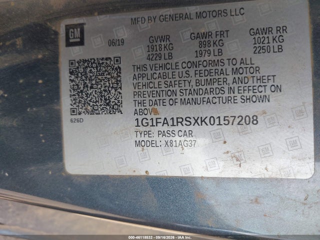 46118532 :رقم المزاد ، 1G1FA1RSXK0157208 vin ، 2019 Chevrolet Camaro 1lt مزاد بيع