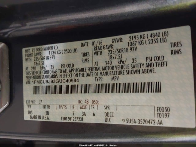 2016 Ford Escape Titanium მანქანა იყიდება აუქციონზე, vin: 1FMCU9J93GUC40984, აუქციონის ნომერი: 46118533