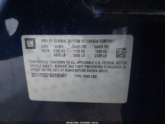 Aukcja sprzedaży 2016 Chevrolet Impala 2lt, vin: 2G1115S31G9195461, numer aukcji: 46118540