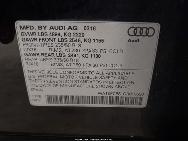 Продаж на аукціоні авто 2016 Audi Q3 2.0t Premium Plus, vin: WA1EFCFS1GR019526, номер лоту: 46118541