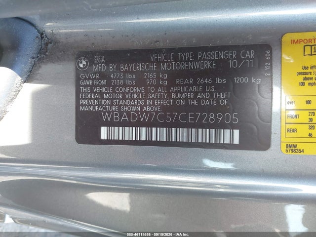 46118556 :رقم المزاد ، WBADW7C57CE728905 vin ، 2012 Bmw 328i مزاد بيع