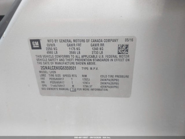 Aukcja sprzedaży 2016 Chevrolet Equinox Lt, vin: 2GNALCEK6G6359501, numer aukcji: 46118557
