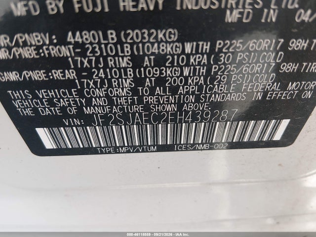 Продаж на аукціоні авто 2014 Subaru Forester 2.5i Premium, vin: JF2SJAEC2EH439287, номер лоту: 46118559