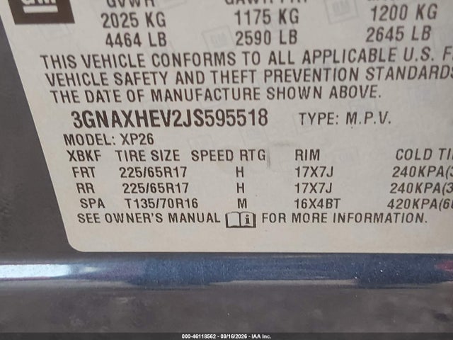 Aukcja sprzedaży 2018 Chevrolet Equinox Ls, vin: 3GNAXHEV2JS595518, numer aukcji: 46118562
