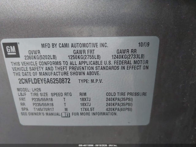 Продаж на аукціоні авто 2010 Chevrolet Equinox Lt, vin: 2CNFLDEY6A6250872, номер лоту: 46118566