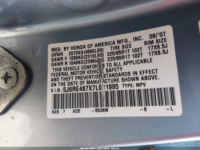 46118584 :رقم المزاد ، 5J6RE487X7L011995 vin ، 2007 Honda Cr-v Ex-l مزاد بيع
