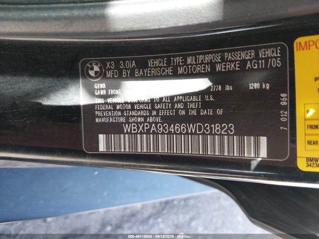 Продаж на аукціоні авто 2006 Bmw X3 3.0i, vin: WBXPA93466WD31823, номер лоту: 46118588