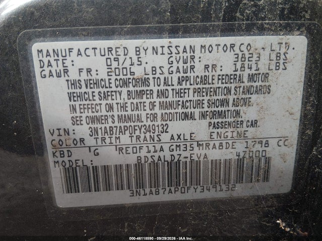 Продаж на аукціоні авто 2015 Nissan Sentra Sv, vin: 3N1AB7AP0FY349132, номер лоту: 46118590