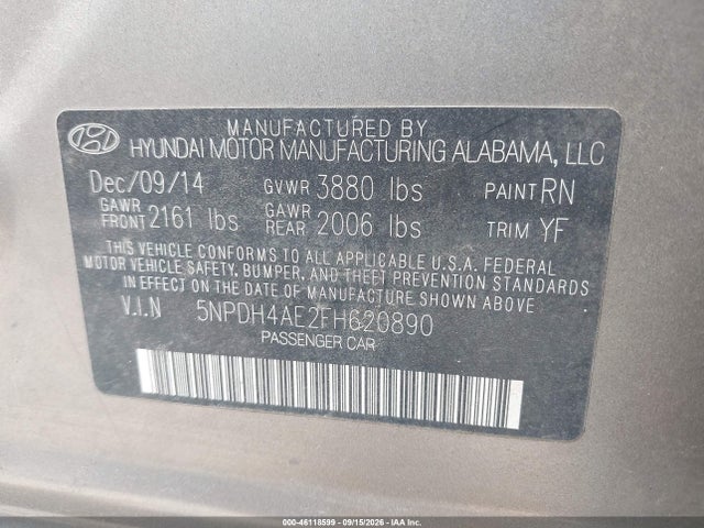 46118599 :رقم المزاد ، 5NPDH4AE2FH620890 vin ، 2015 Hyundai Elantra Se مزاد بيع